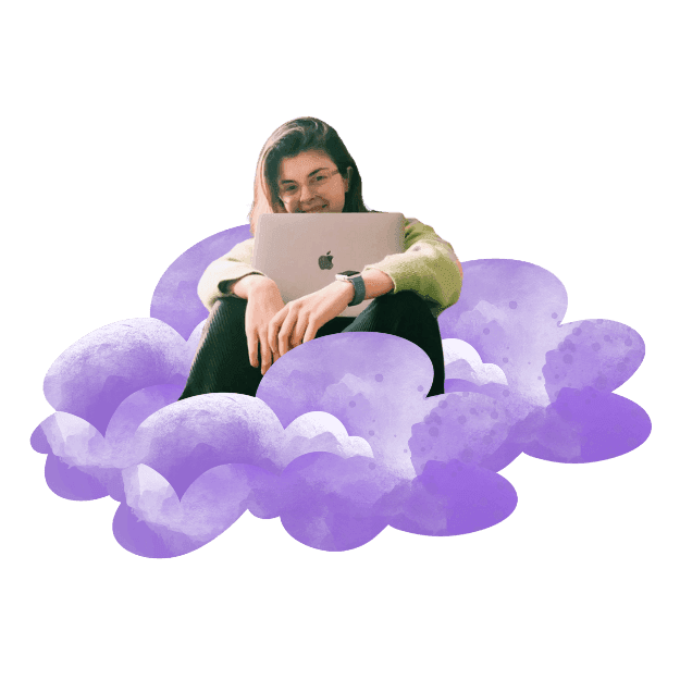 A picture of Em surrounded by cartoon clouds